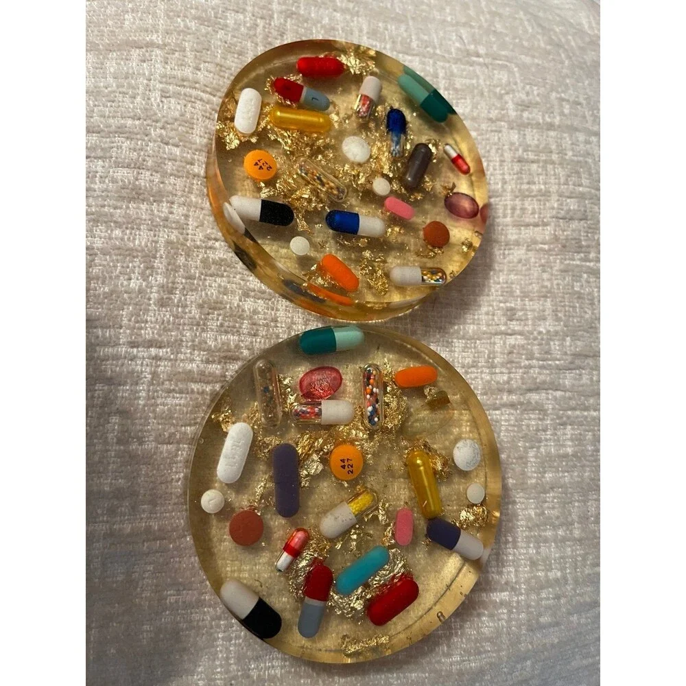 Vintage Clear Lucite Fun Pill & Gold leaf Drinks Coasters Great Gift Barware